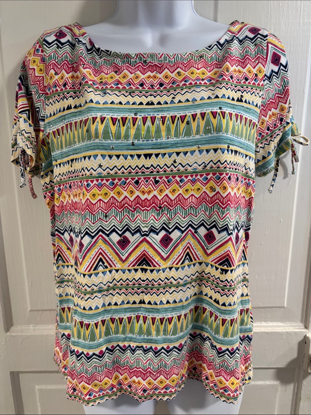 Rafaella Boho Geo Print Short-Sleeve Top - Multicolor Size MP